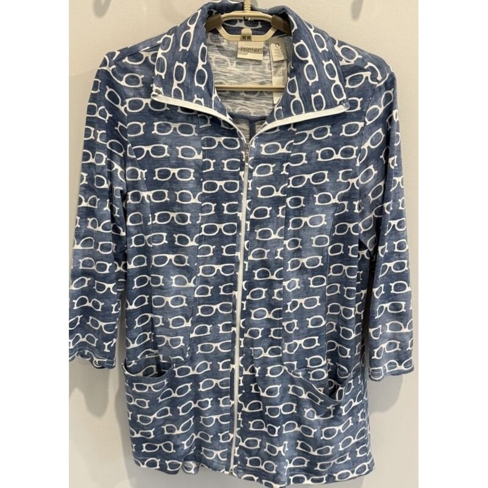 Chicos Zenergy Full Zip 3/4 Sleeve Jacket Blue Glasses Print Pockets Size 0 S‎